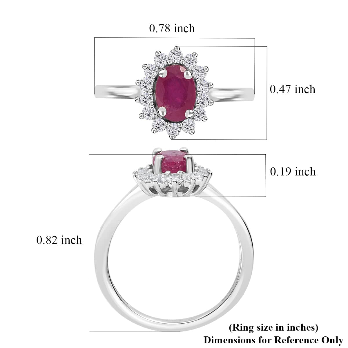 Niassa Ruby (FF) and White Zircon Sunburst Ring in Platinum Over Sterling Silver (Size 6.0) 1.70 ctw image number 5