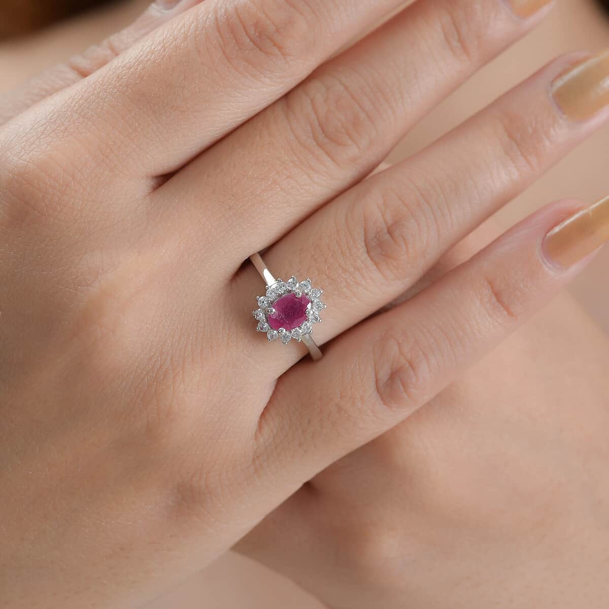 Niassa Ruby (FF) and White Zircon Sunburst Ring in Platinum Over Sterling Silver (Size 7.0) 1.70 ctw image number 2