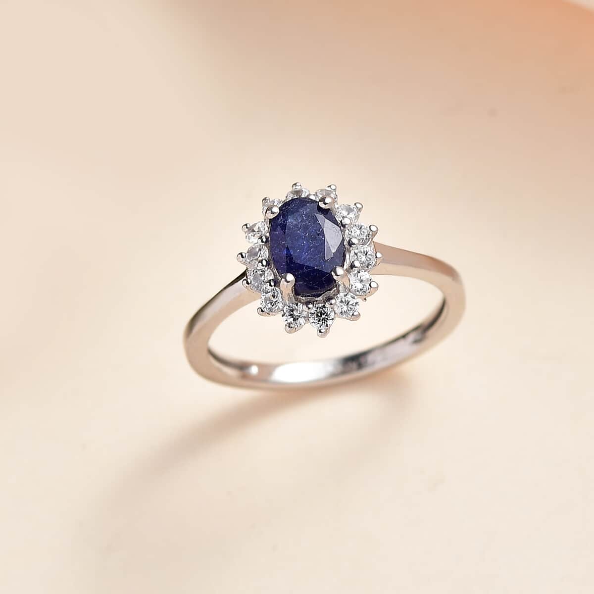 Masoala Sapphire (D) and White Zircon Sunburst Ring in Platinum Over Sterling Silver (Size 5.0) 1.75 ctw image number 1