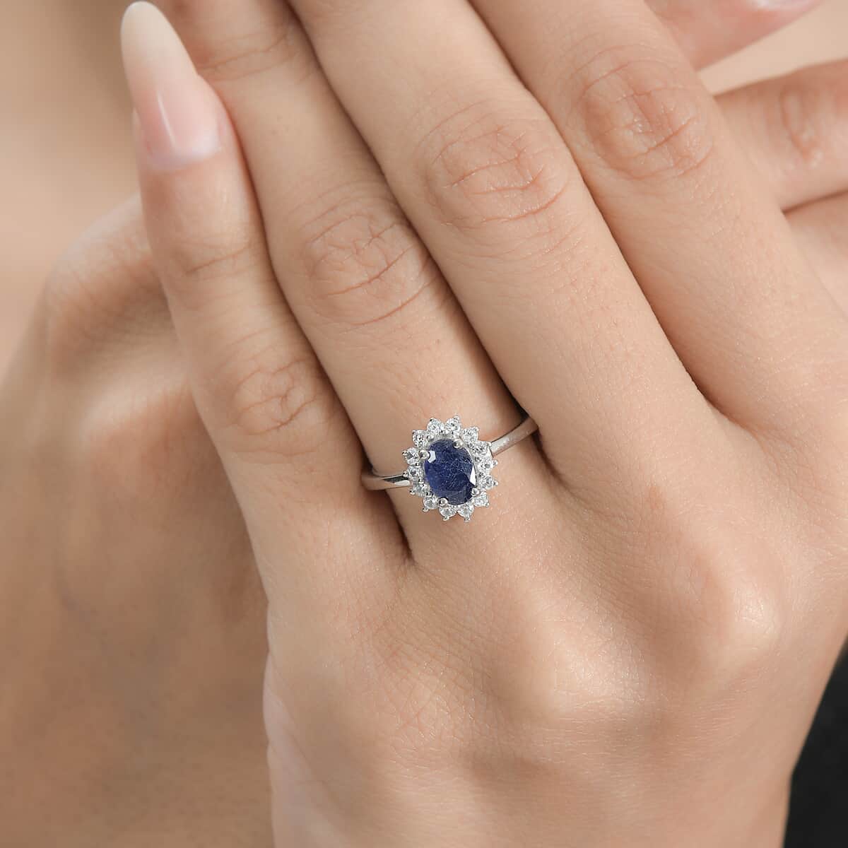 Masoala Sapphire (D) and White Zircon Sunburst Ring in Platinum Over Sterling Silver (Size 5.0) 1.75 ctw image number 2