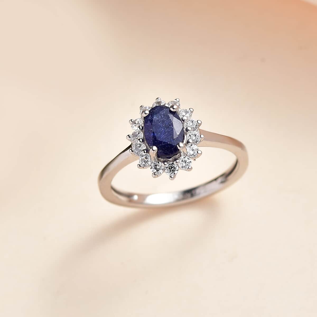 Masoala Sapphire (D) and White Zircon Sunburst Ring in Platinum Over Sterling Silver (Size 6.0) 1.75 ctw image number 1
