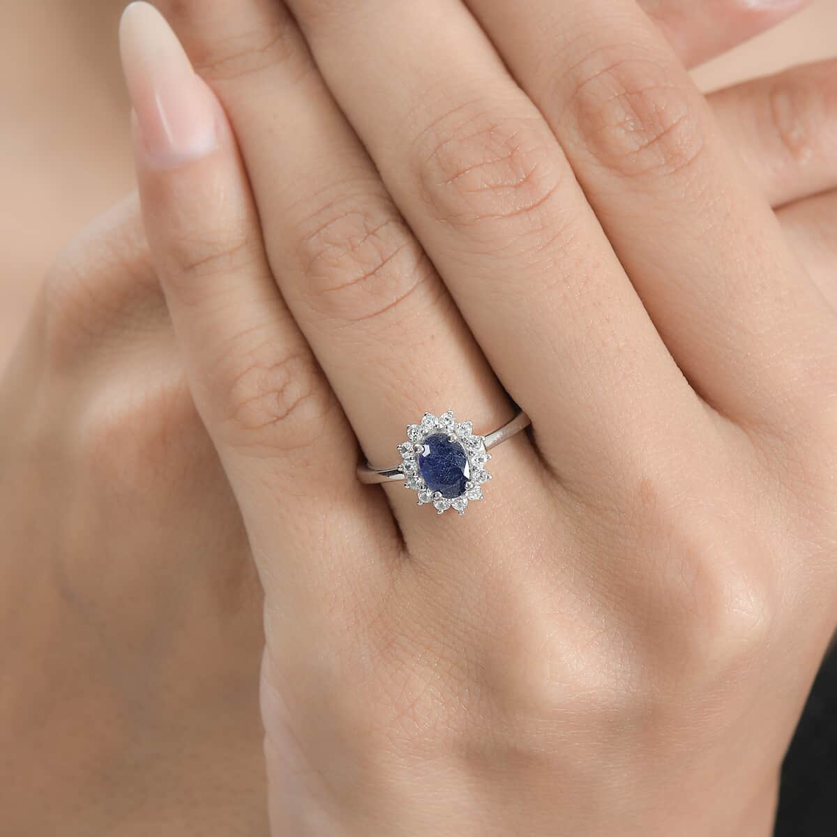 Masoala Sapphire (D) and White Zircon Sunburst Ring in Platinum Over Sterling Silver (Size 7.0) 1.75 ctw image number 2