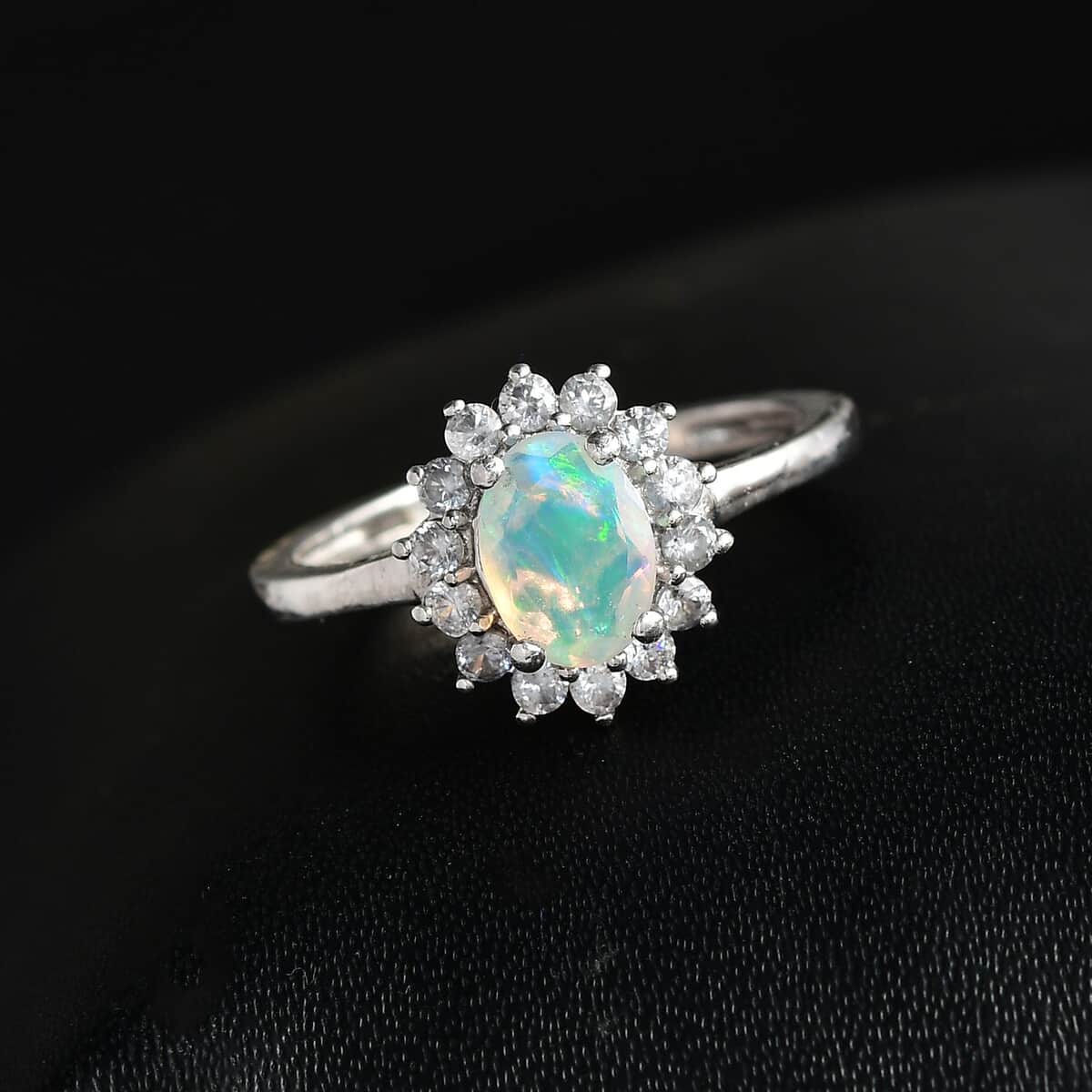 Ethiopian Welo Opal and White Zircon Sunburst Ring in Platinum Over Sterling Silver (Size 5.0) 1.10 ctw image number 2