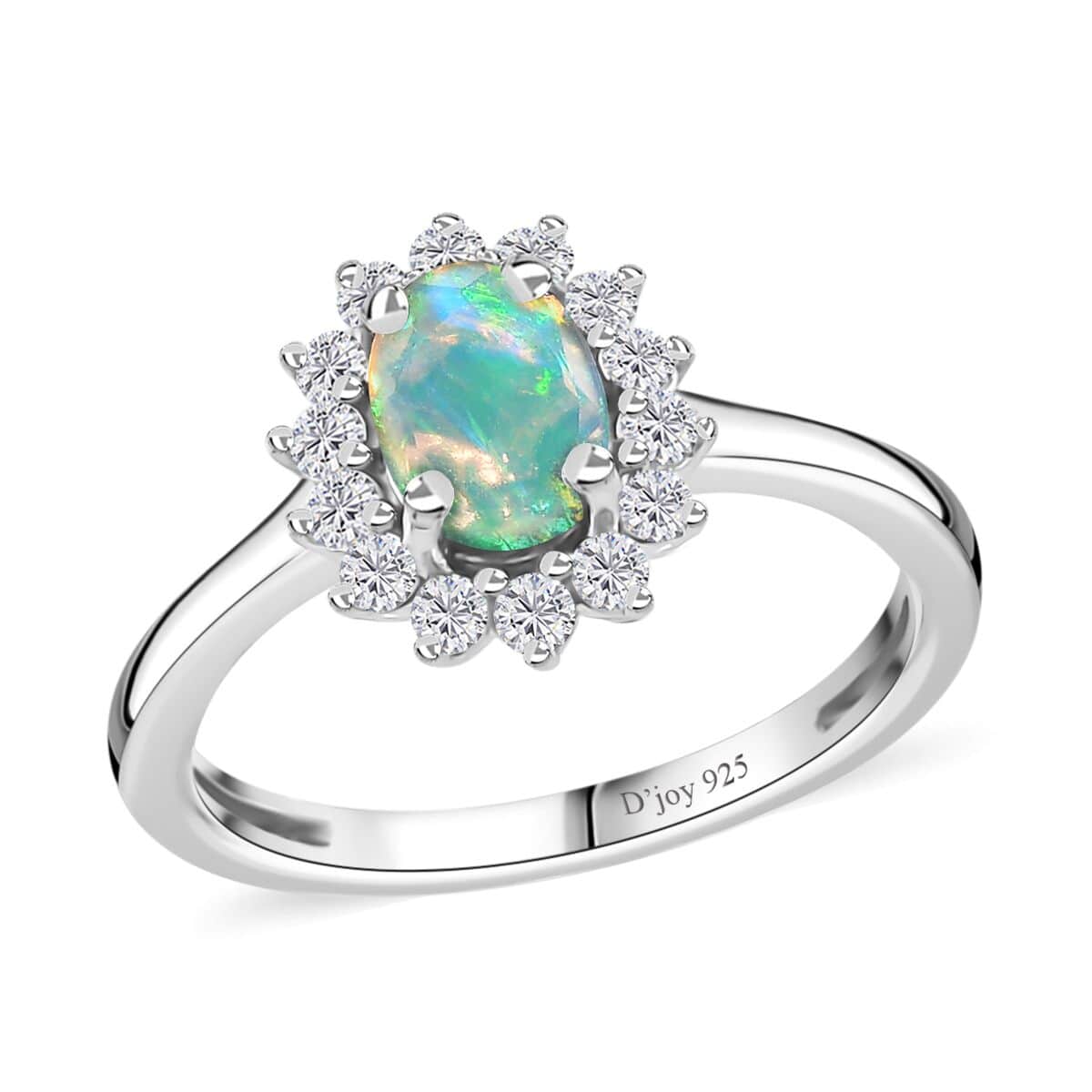 Ethiopian Welo Opal and White Zircon Sunburst Ring in Platinum Over Sterling Silver (Size 7.0) 1.10 ctw image number 0