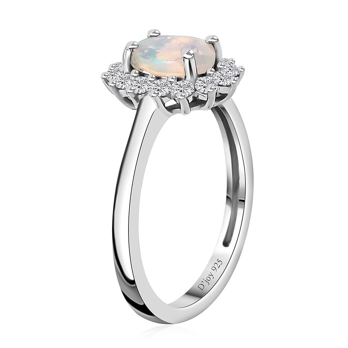 Ethiopian Welo Opal and White Zircon Sunburst Ring in Platinum Over Sterling Silver (Size 9.0) 1.10 ctw