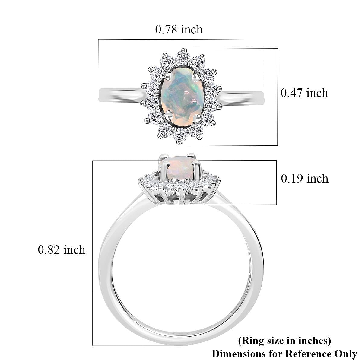 Ethiopian Welo Opal and White Zircon Sunburst Ring in Platinum Over Sterling Silver (Size 9.0) 1.10 ctw