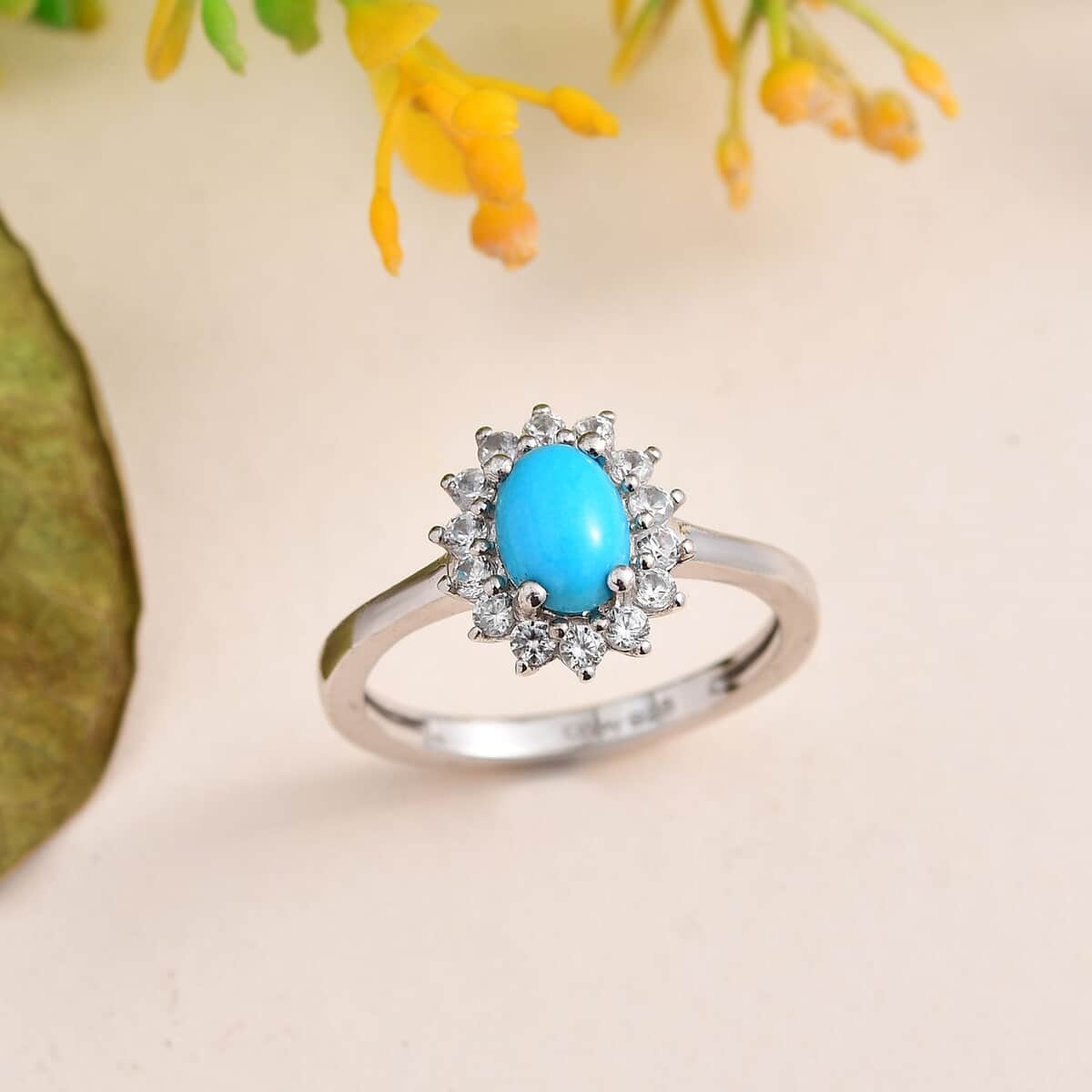 Sleeping Beauty Turquoise and White Zircon Sunburst Ring in Platinum Over Sterling Silver (Size 6.0) 1.25 ctw image number 1