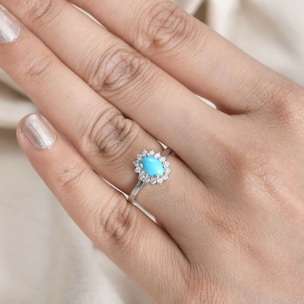 Sleeping Beauty Turquoise and White Zircon Sunburst Ring in Platinum Over Sterling Silver (Size 6.0) 1.25 ctw image number 2