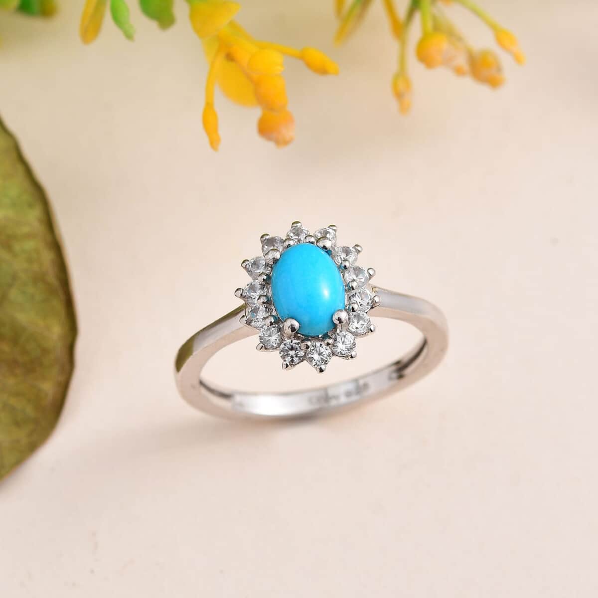 Sleeping Beauty Turquoise and White Zircon Sunburst Ring in Platinum Over Sterling Silver (Size 7.0) 1.25 ctw image number 1