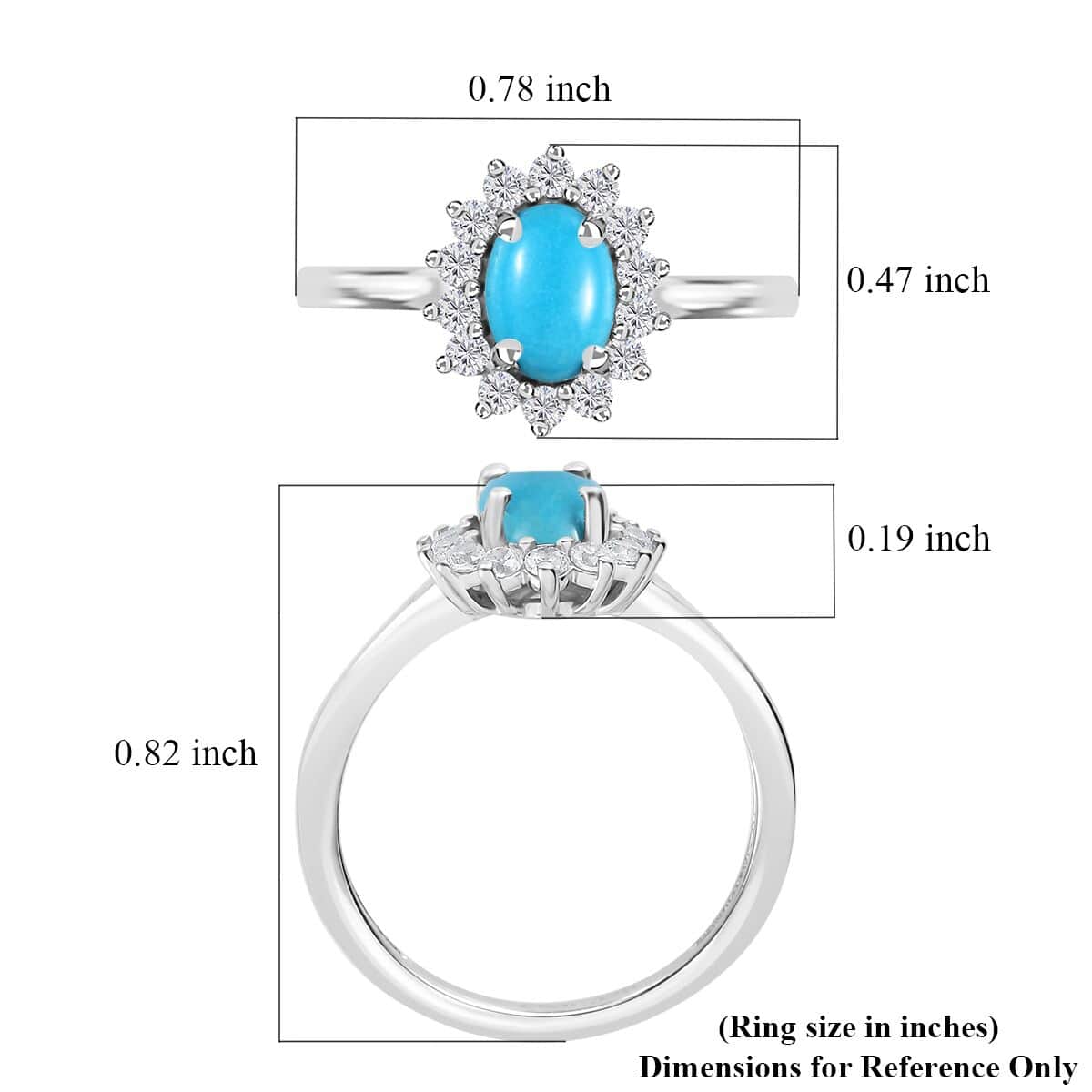 Sleeping Beauty Turquoise and White Zircon Sunburst Ring in Platinum Over Sterling Silver (Size 8.0) 1.25 ctw image number 5