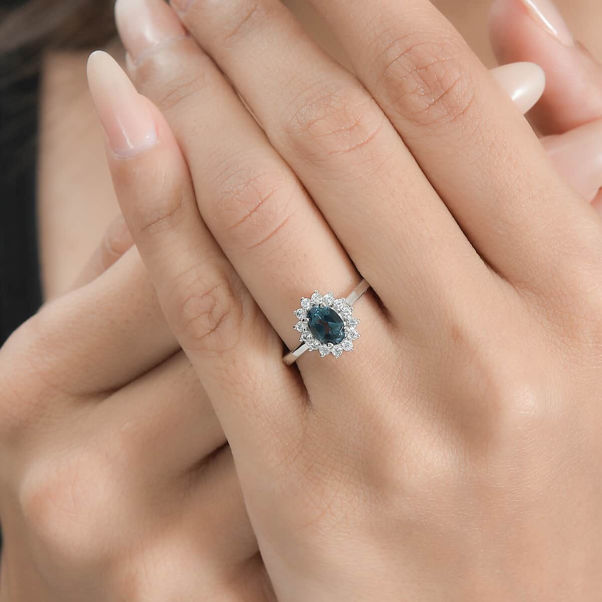 London Blue Topaz and White Zircon Sunburst Ring in Platinum Over Sterling Silver (Size 5.0) 1.40 ctw image number 2