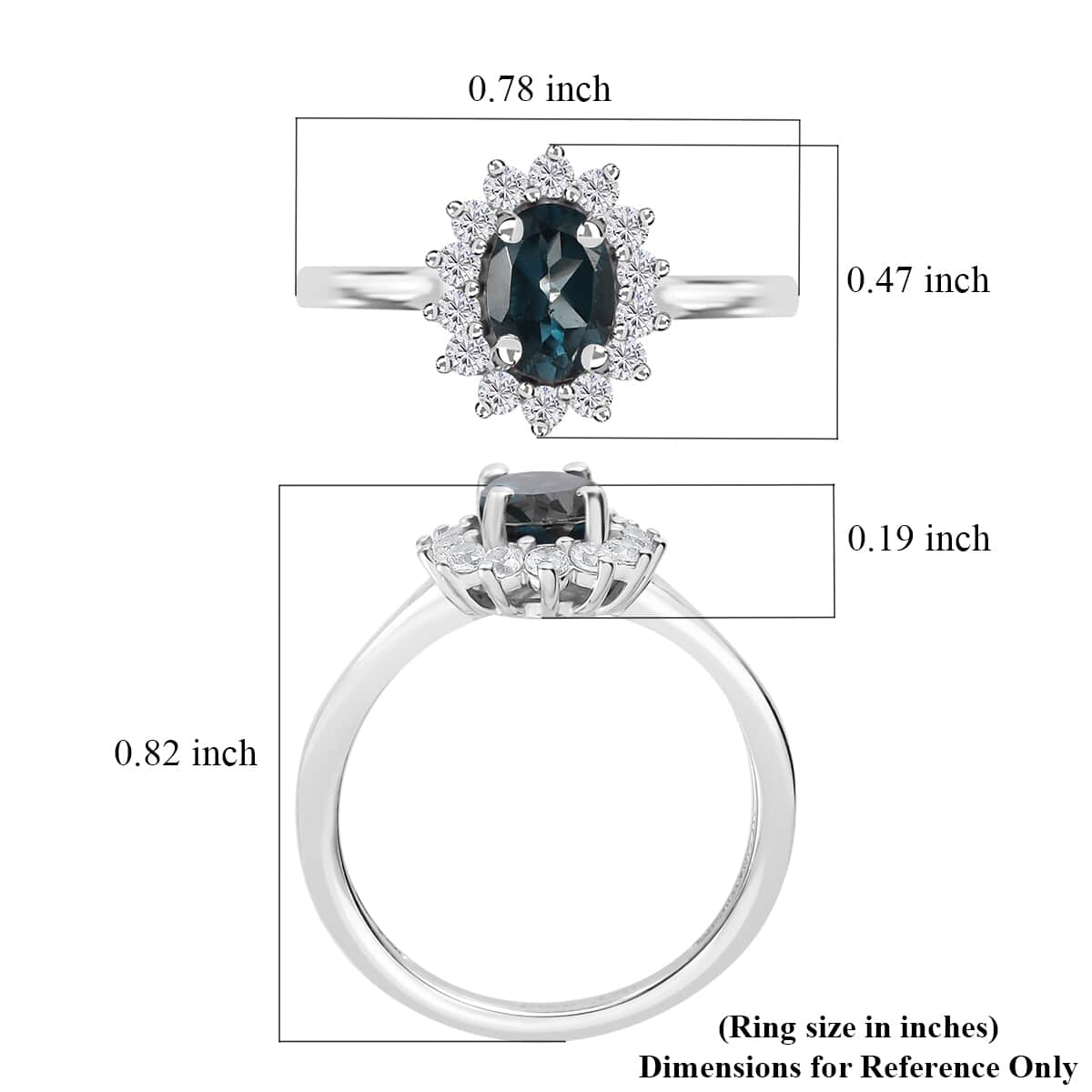 London Blue Topaz and White Zircon Sunburst Ring in Platinum Over Sterling Silver (Size 5.0) 1.40 ctw image number 5