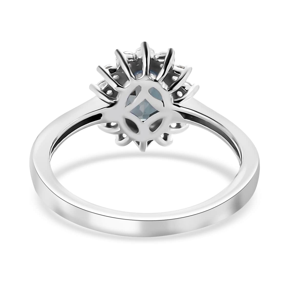 London Blue Topaz and White Zircon Sunburst Ring in Platinum Over Sterling Silver (Size 6.0) 1.40 ctw image number 4