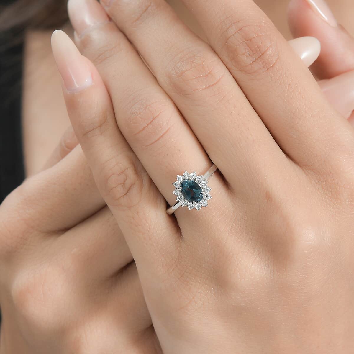 London Blue Topaz and White Zircon Sunburst Ring in Platinum Over Sterling Silver (Size 7.0) 1.40 ctw image number 2