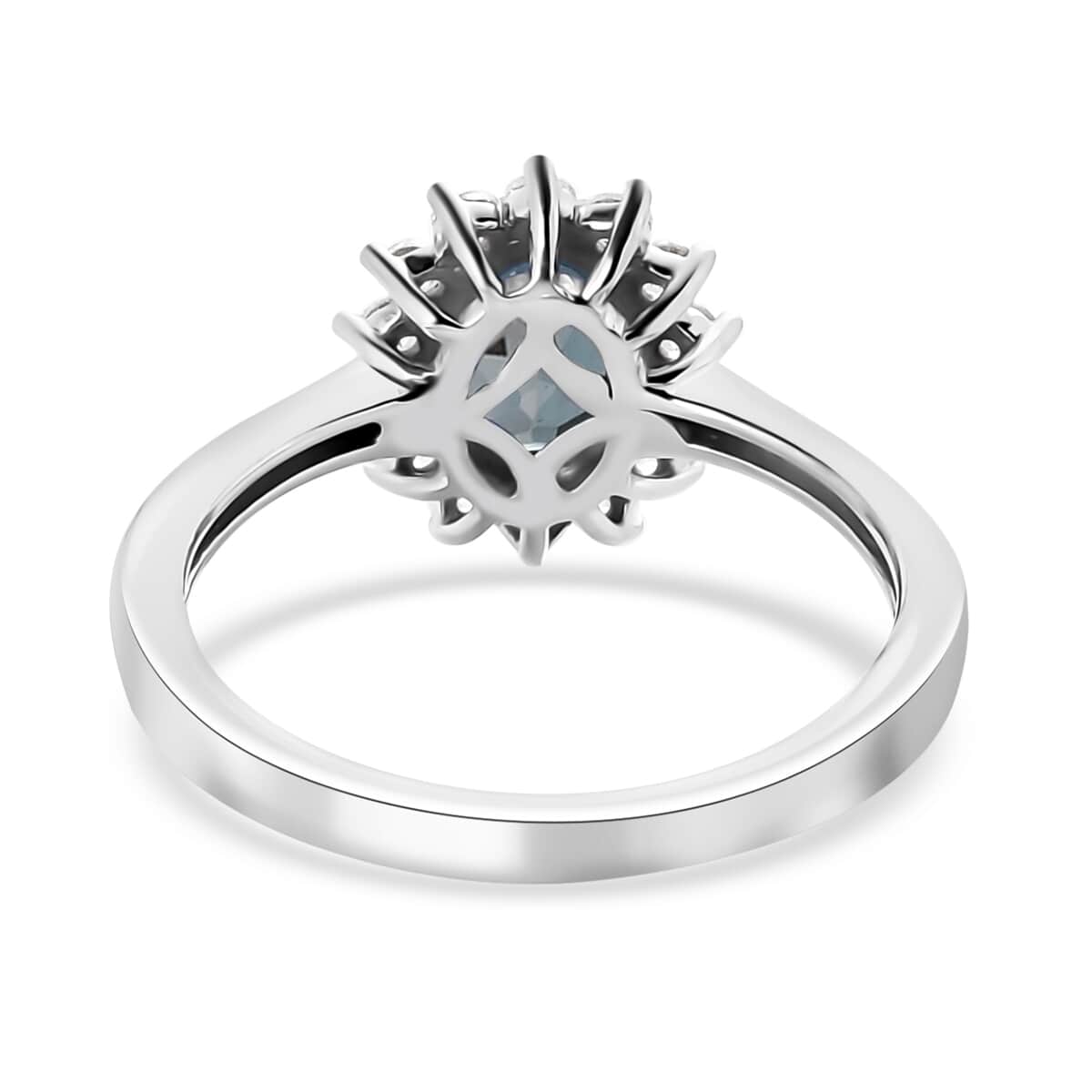 London Blue Topaz and White Zircon Sunburst Ring in Platinum Over Sterling Silver (Size 9.0) 1.40 ctw image number 4