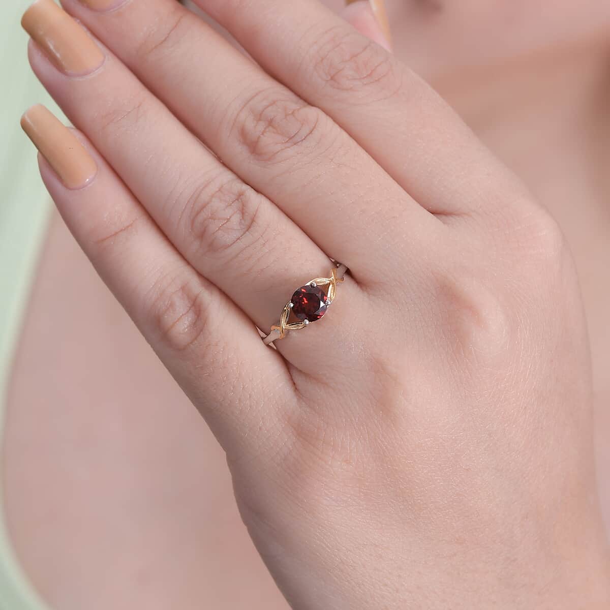 Mozambique Garnet and White Zircon Ring in 14K YG Over and Sterling Silver (Size 5.0) 1.15 ctw image number 2