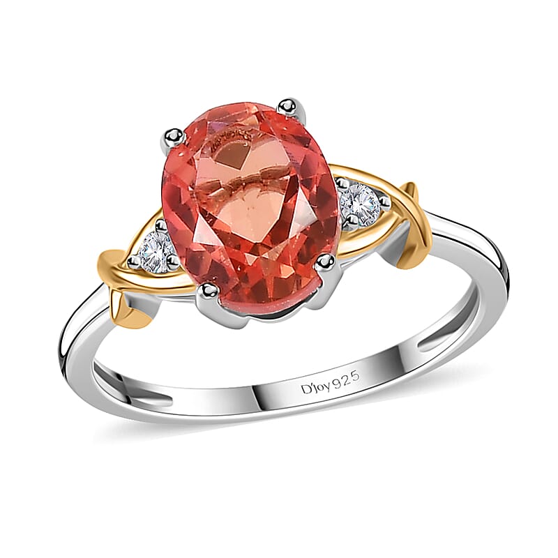 Padparadscha Quartz, White Zircon Ring in 14K YG Over and Sterling Silver (Size 5.0) 2.15 ctw