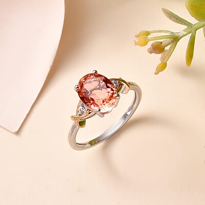 Padparadscha Quartz, White Zircon Ring in 14K YG Over and Sterling Silver (Size 5.0) 2.15 ctw