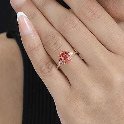 Padparadscha Quartz, White Zircon Ring in 14K YG Over and Sterling Silver (Size 5.0) 2.15 ctw