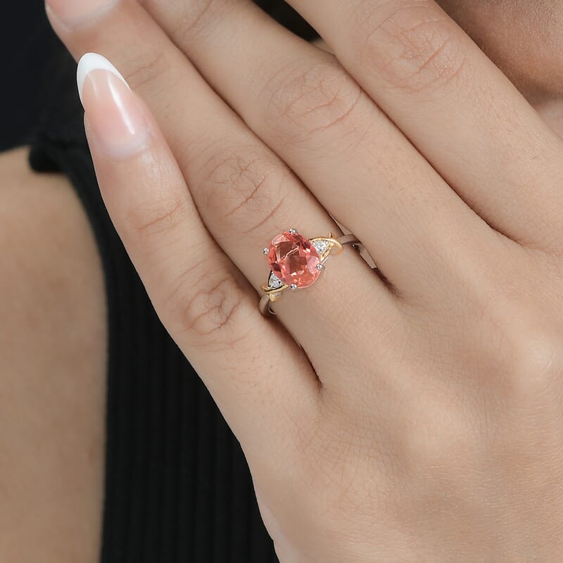 Padparadscha Quartz, White Zircon Ring in 14K YG Over and Sterling Silver (Size 5.0) 2.15 ctw