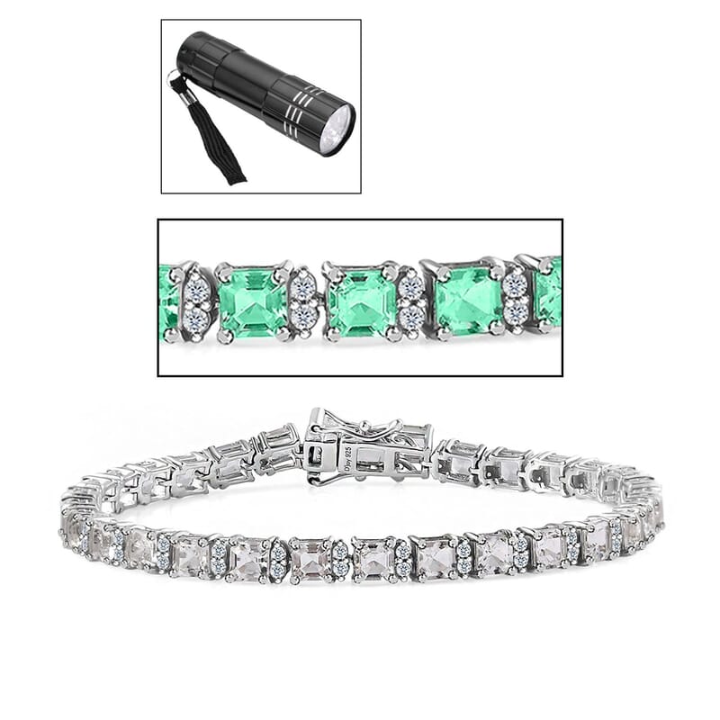Asscher Cut Mexican Hyalite Opal and White Zircon Tennis Bracelet in Platinum Over Sterling Silver (7.25 In) with Free UV Flash Light 9.00 ctw