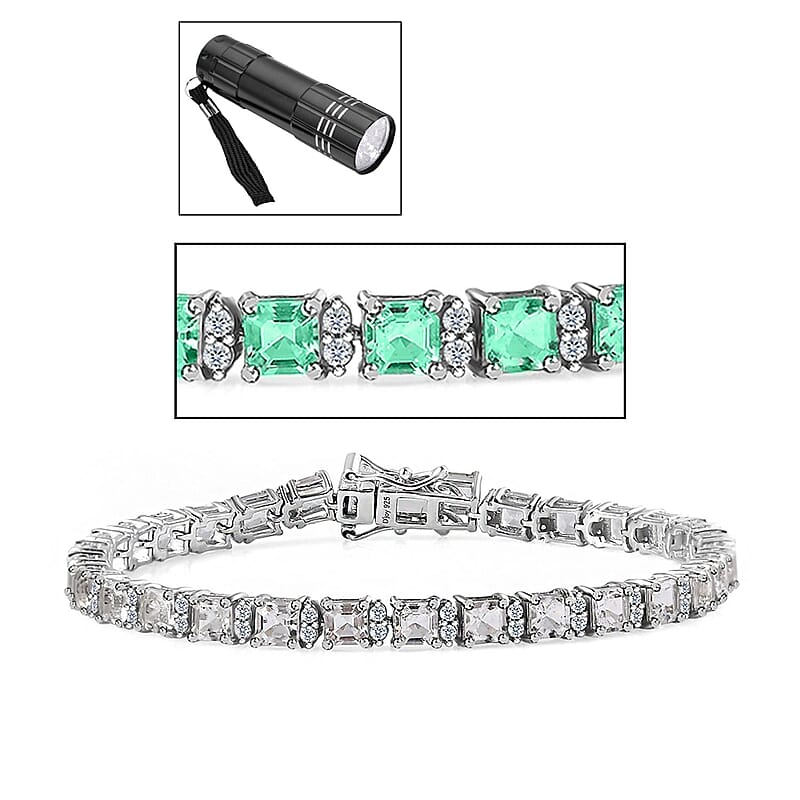 Asscher Cut Mexican Hyalite Opal and White Zircon Tennis Bracelet in Platinum Over Sterling Silver (7.25 In) with Free UV Flash Light 9.00 ctw