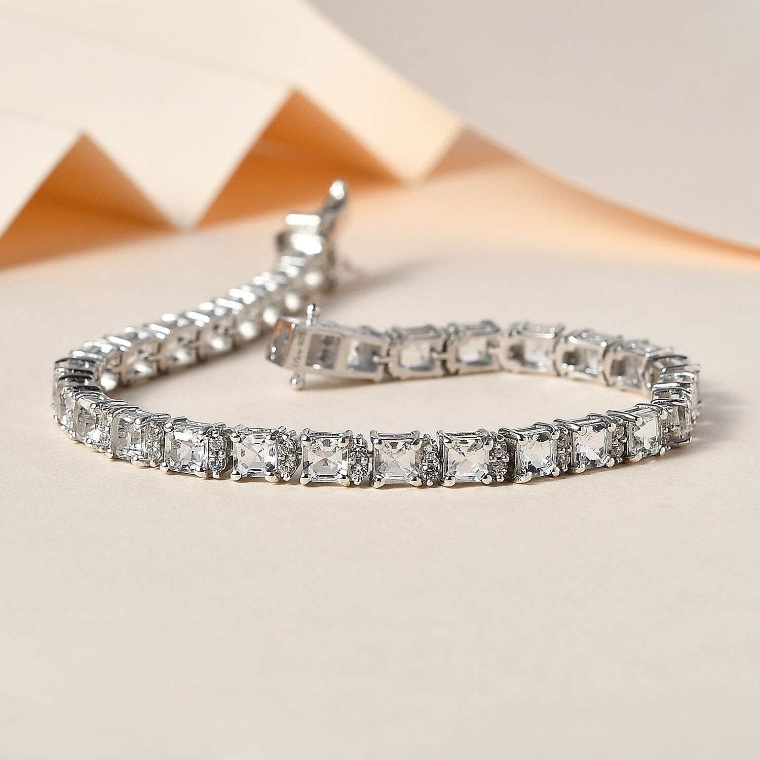 Asscher Cut Mexican Hyalite Opal and White Zircon Tennis Bracelet in Platinum Over Sterling Silver (7.25 In) with Free UV Flash Light 9.00 ctw