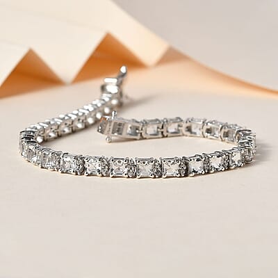 Asscher Cut Mexican Hyalite Opal and White Zircon Tennis Bracelet in Platinum Over Sterling Silver (7.25 In) with Free UV Flash Light 9.00 ctw