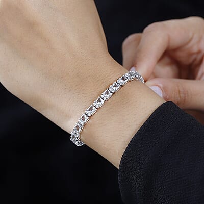 Asscher Cut Mexican Hyalite Opal and White Zircon Tennis Bracelet in Platinum Over Sterling Silver (7.25 In) with Free UV Flash Light 9.00 ctw
