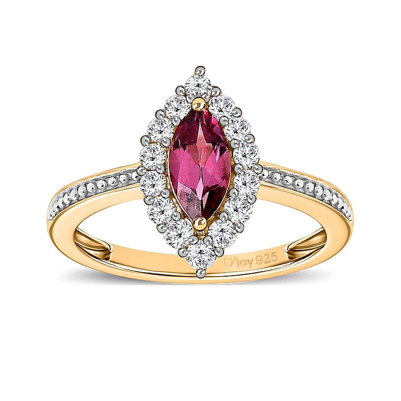 Tanzanian Wine Garnet and White Zircon Halo Ring in Vermeil Yellow Gold Over Sterling Silver (Size 5.0) 1.20 ctw
