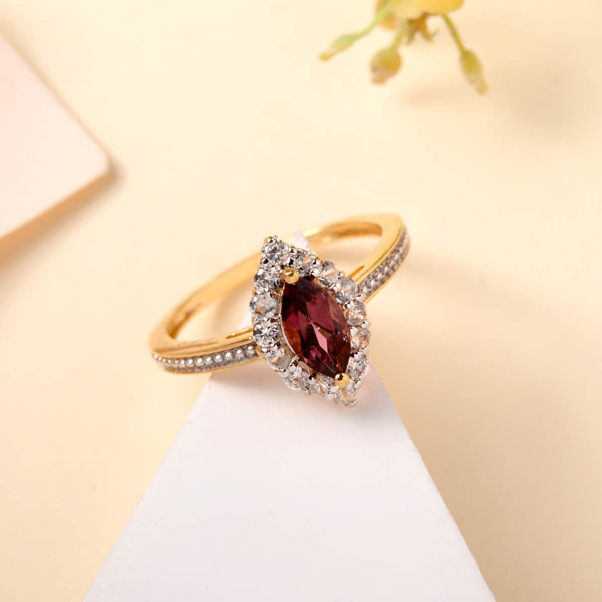 Tanzanian Wine Garnet, White Zircon Halo Ring in Vermeil YG Over Sterling Silver (Size 6.0) 1.20 ctw image number 1