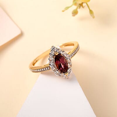 Tanzanian Wine Garnet and White Zircon Halo Ring in Vermeil Yellow Gold Over Sterling Silver (Size 5.0) 1.20 ctw