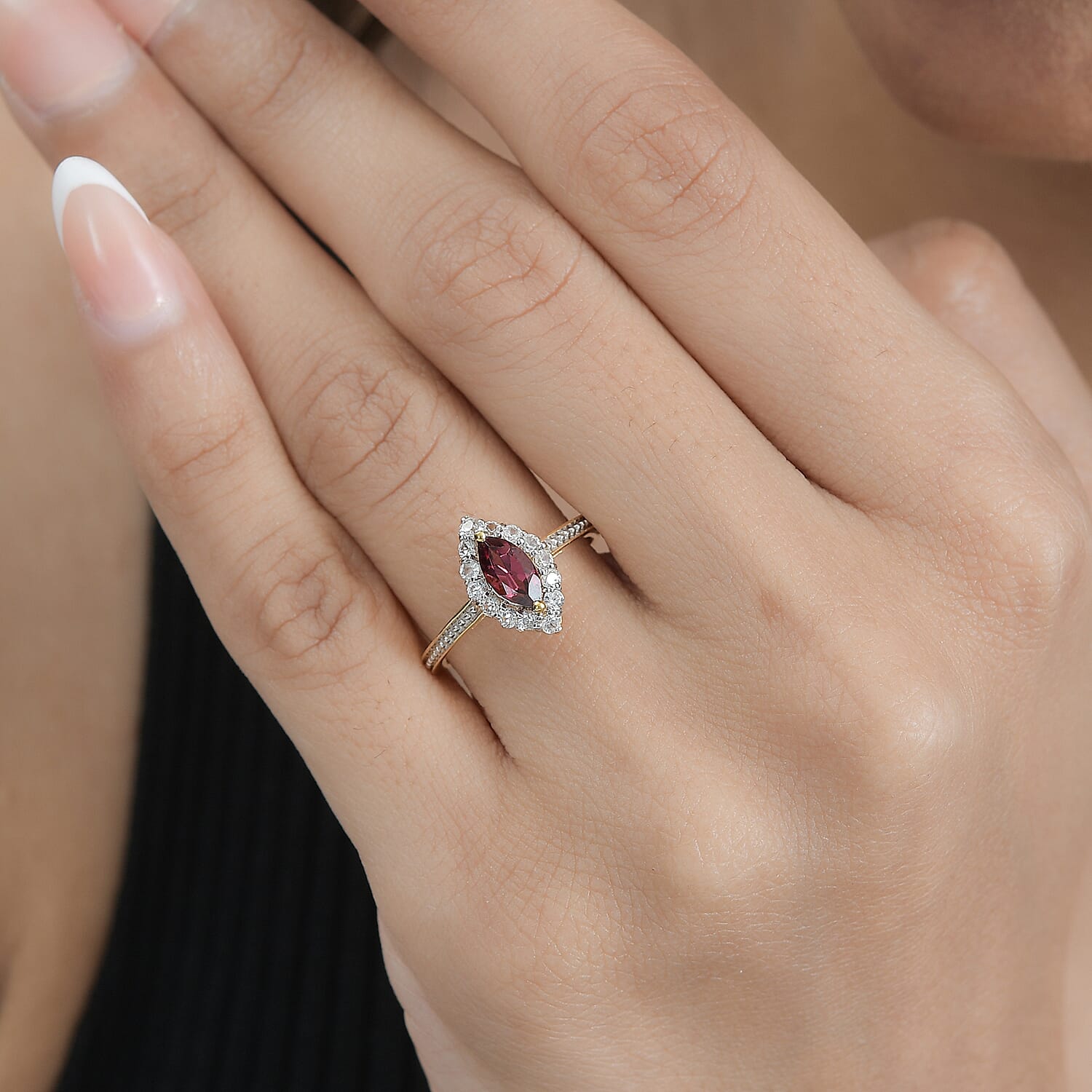 Tanzanian Wine Garnet and White Zircon Halo Ring in Vermeil Yellow Gold Over Sterling Silver (Size 5.0) 1.20 ctw