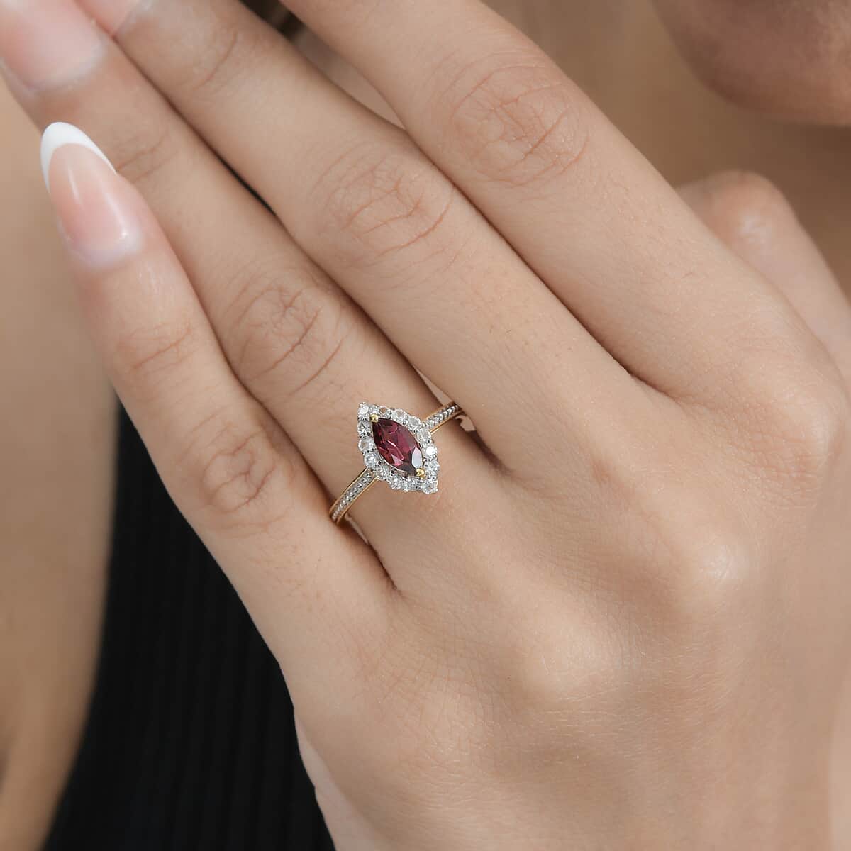 Tanzanian Wine Garnet, White Zircon Halo Ring in Vermeil YG Over Sterling Silver (Size 6.0) 1.20 ctw image number 2