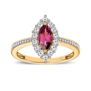 Tanzanian Wine Garnet and White Zircon Halo Ring in Vermeil Yellow Gold Over Sterling Silver (Size 9.0) 1.20 ctw