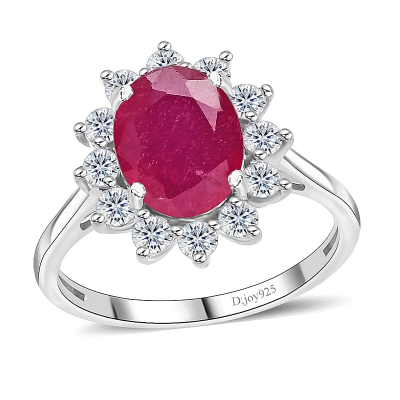 African Ruby (FF) and White Zircon Ring in Platinum Over Sterling Silver (Size 6.0) 3.80 ctw