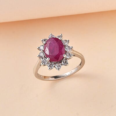 African Ruby (FF) and White Zircon Ring in Platinum Over Sterling Silver (Size 6.0) 3.80 ctw