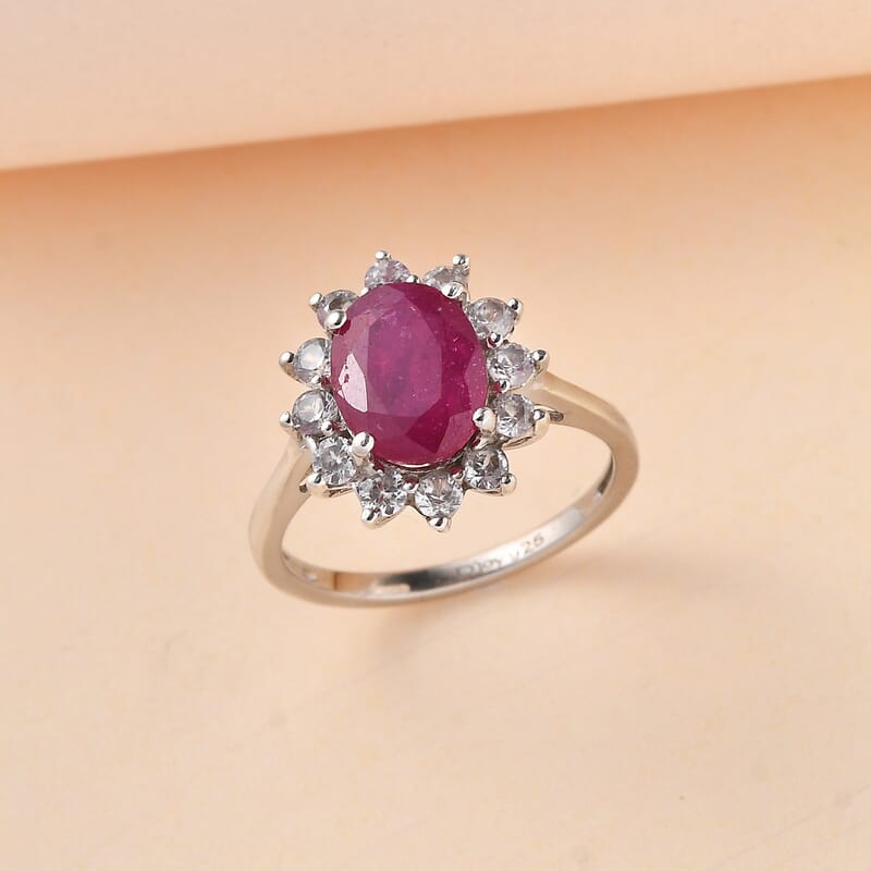 African Ruby (FF) and White Zircon Ring in Platinum Over Sterling Silver (Size 6.0) 3.80 ctw