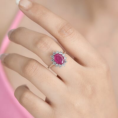 African Ruby (FF) and White Zircon Ring in Platinum Over Sterling Silver (Size 6.0) 3.80 ctw