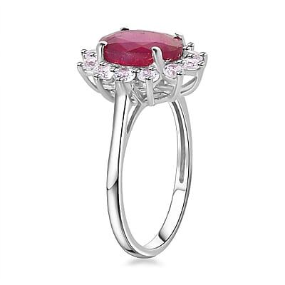 African Ruby (FF) and White Zircon Ring in Platinum Over Sterling Silver (Size 6.0) 3.80 ctw