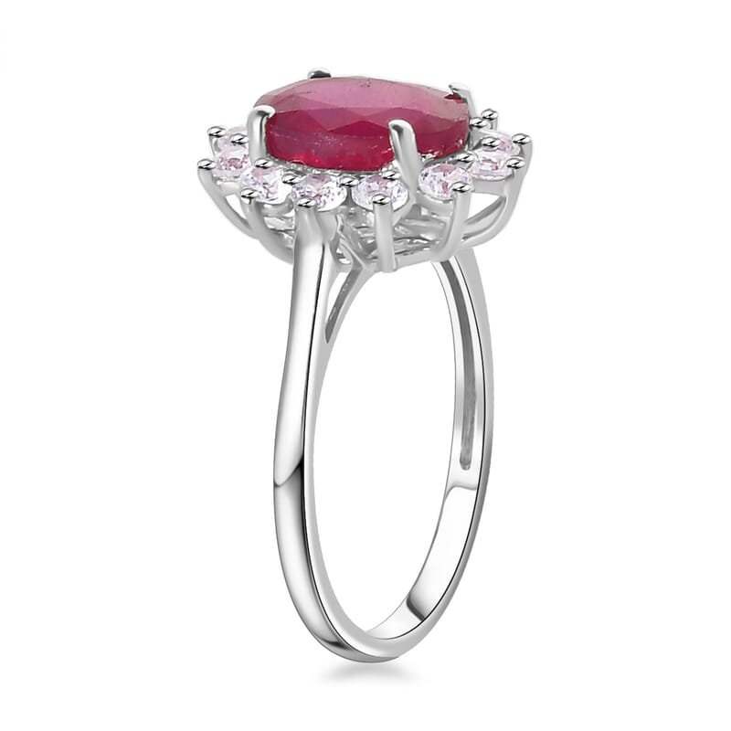 African Ruby (FF) and White Zircon Ring in Platinum Over Sterling Silver (Size 6.0) 3.80 ctw