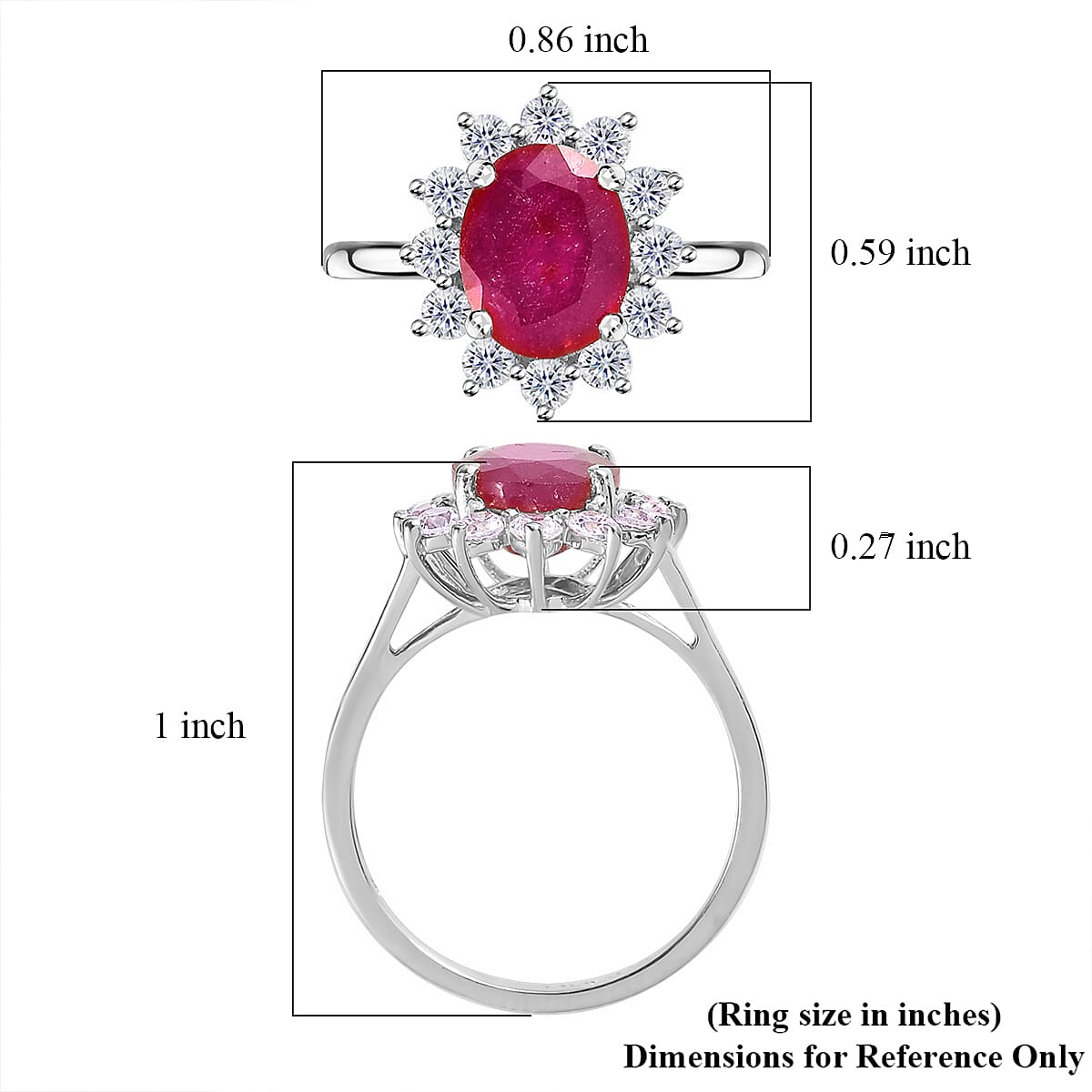 African Ruby (FF) and White Zircon Ring in Platinum Over Sterling Silver (Size 6.0) 3.80 ctw