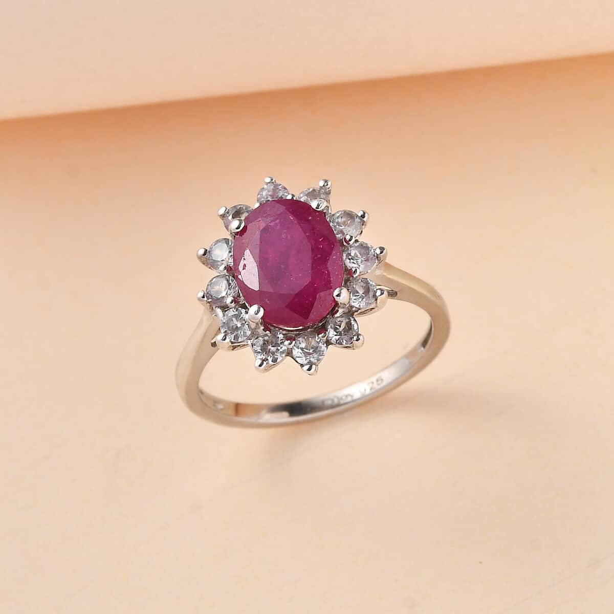 African Ruby (FF) and White Zircon Ring in Platinum Over Sterling Silver (Size 7.0) 3.80 ctw image number 1