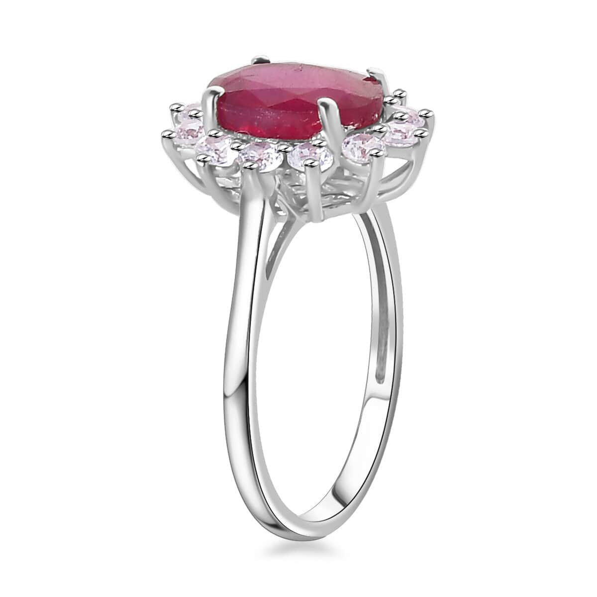 African Ruby (FF) and White Zircon Ring in Platinum Over Sterling Silver (Size 8.0) 3.80 ctw image number 3