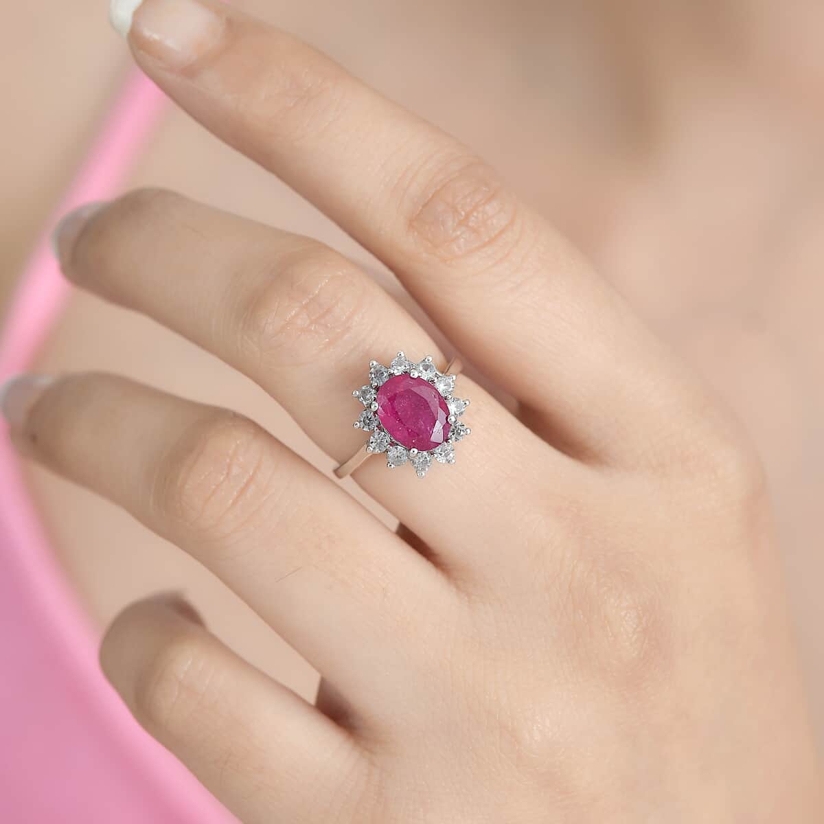 African Ruby (FF) and White Zircon Ring in Platinum Over Sterling Silver (Size 9.0) 3.80 ctw image number 2