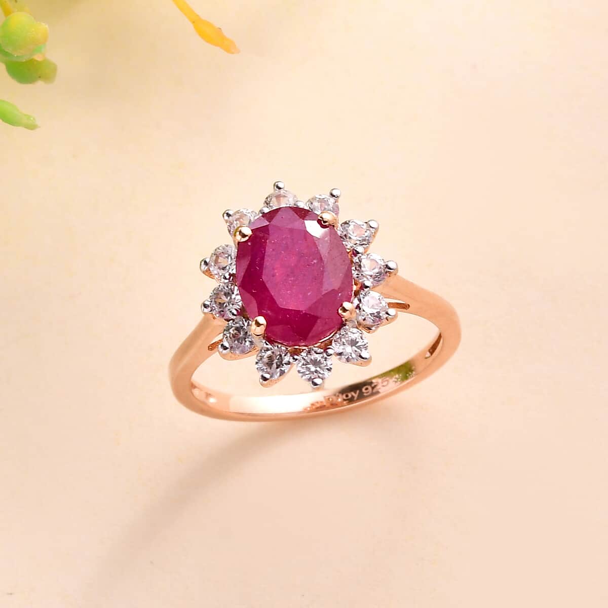 African Ruby (FF) and White Zircon Ring in Vermeil Rose Gold Over Sterling Silver (Size 6.0) 3.80 ctw image number 1