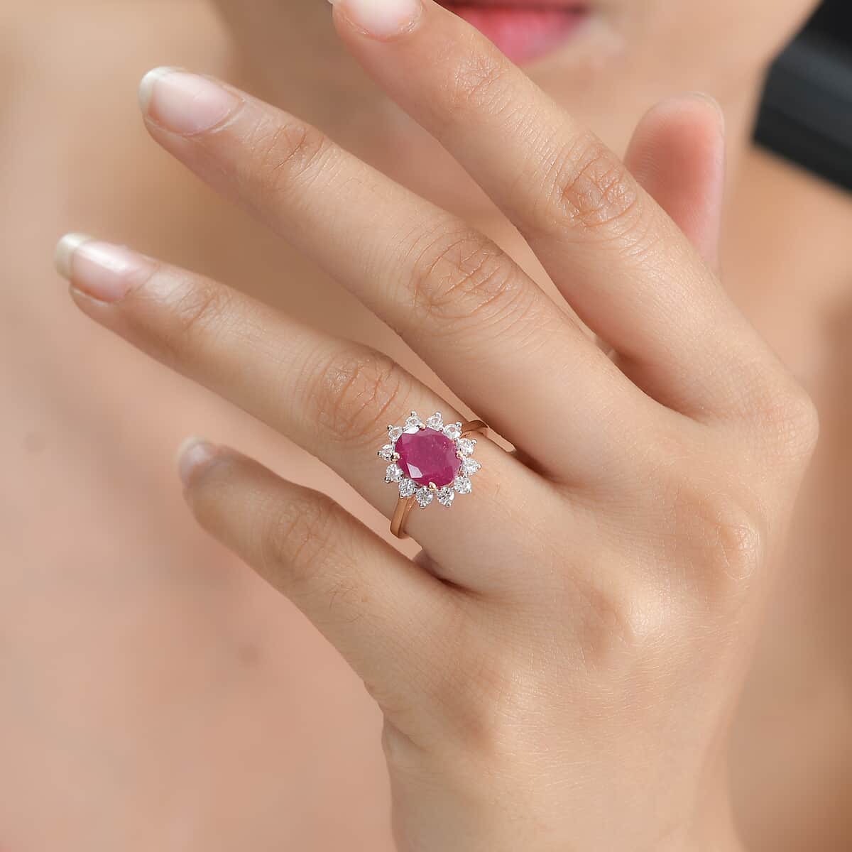 African Ruby (FF) and White Zircon Ring in Vermeil Rose Gold Over Sterling Silver (Size 6.0) 3.80 ctw image number 2