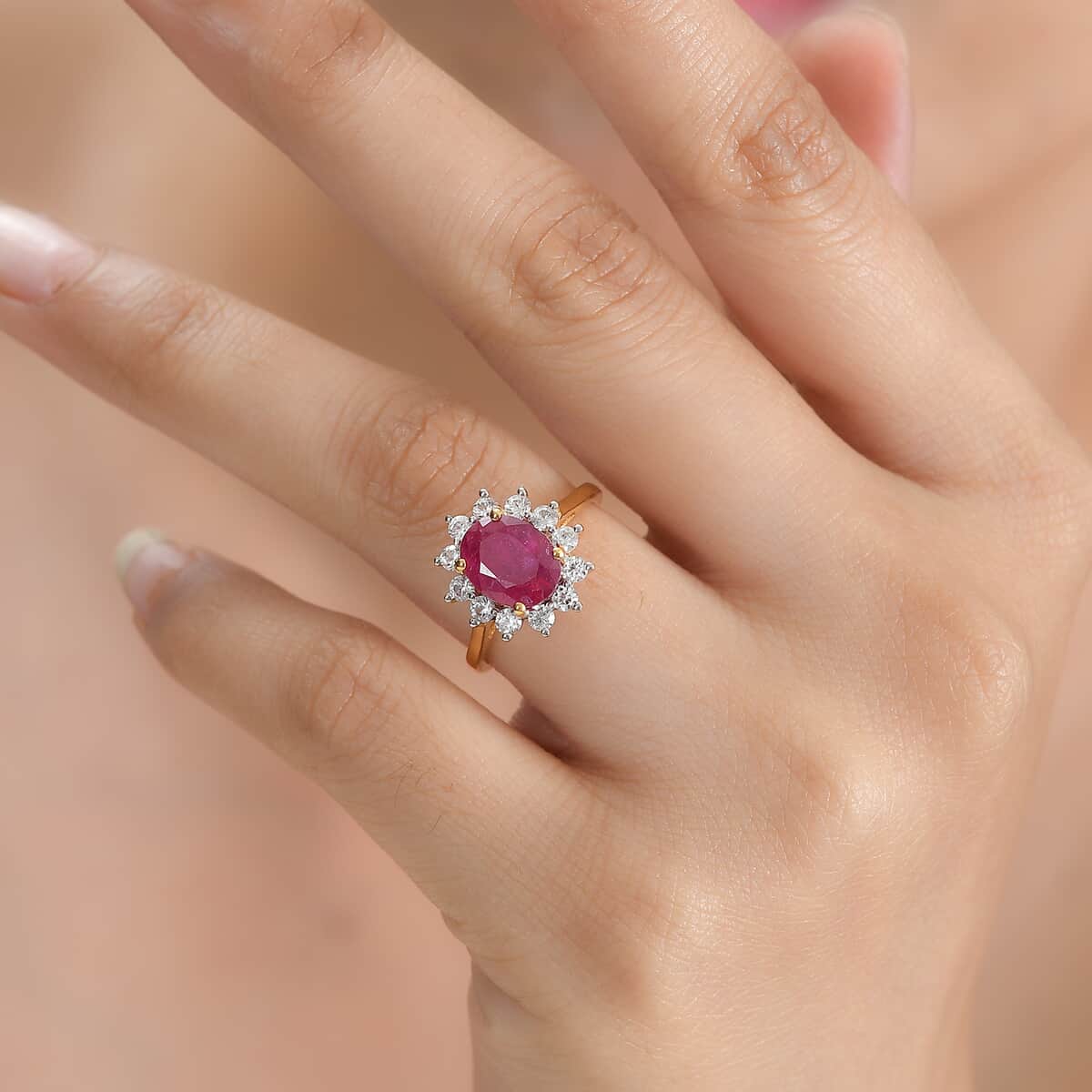 African Ruby (FF) and White Zircon Ring in Vermeil Yellow Gold Over Sterling Silver (Size 6.0) 3.80 ctw image number 2