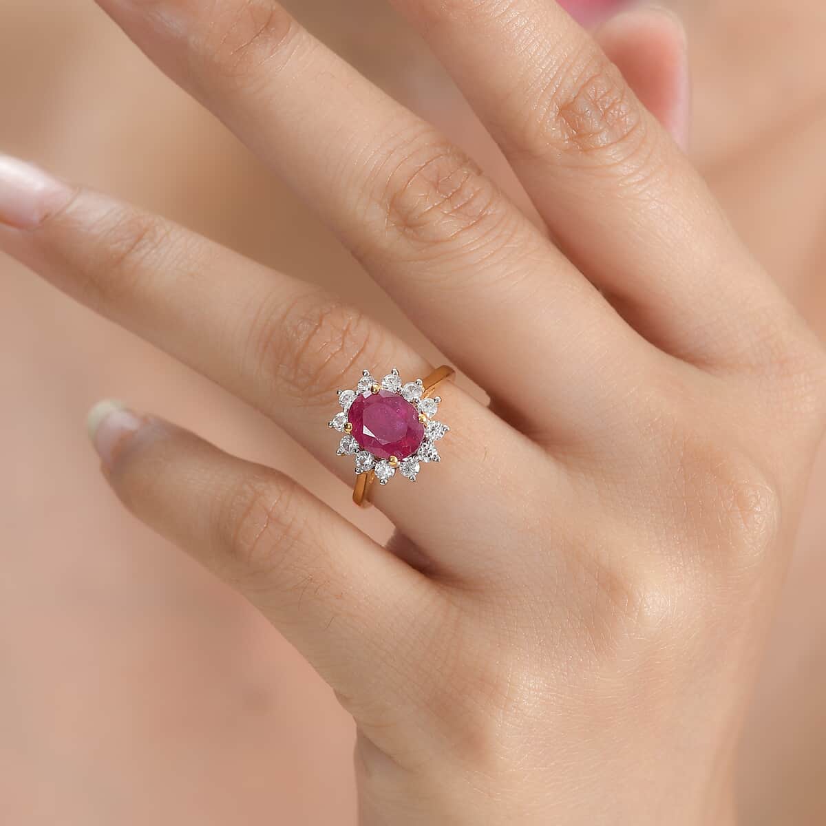 African Ruby (FF) and White Zircon Ring in Vermeil Yellow Gold Over Sterling Silver (Size 7.0) 3.80 ctw image number 2