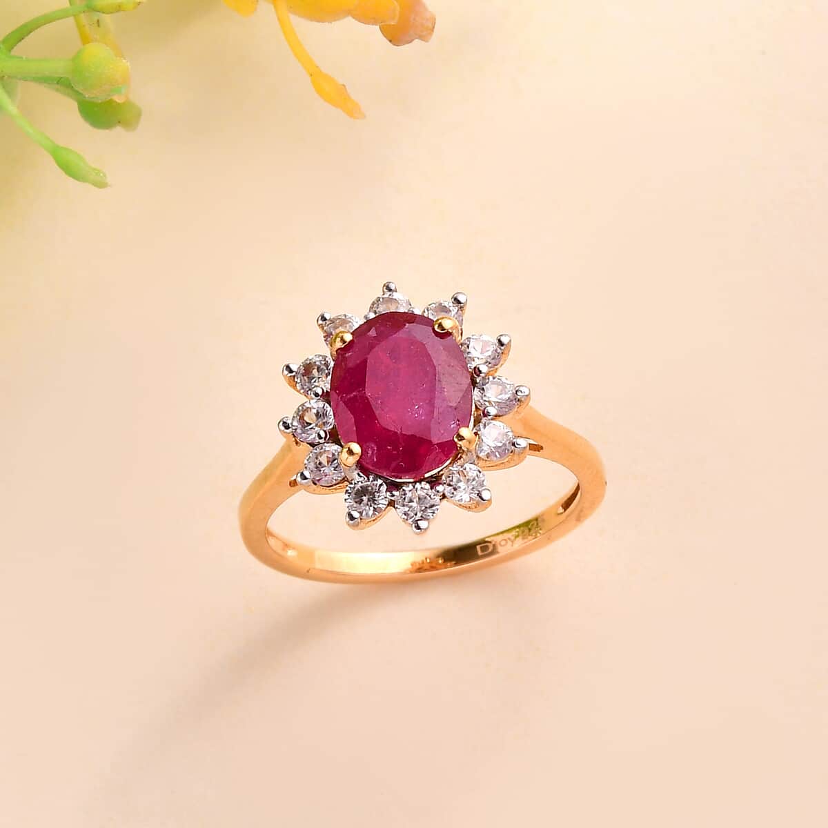 African Ruby (FF) and White Zircon Ring in Vermeil Yellow Gold Over Sterling Silver (Size 8.0) 3.80 ctw image number 1